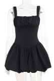 Sexy Solid Fold Square Collar Waist Skirt Dresses