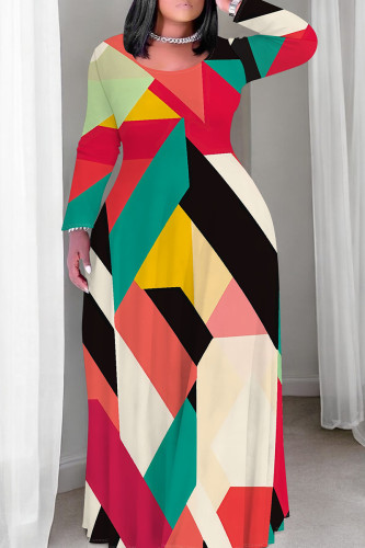 Casual Print Patchwork O Neck Long Plus Size Dresses