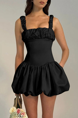 Sexy Solid Fold Square Collar Waist Skirt Dresses