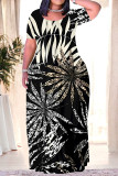 Casual Leaves feather Pocket Contrast O Neck Printed Plus Size Dresses