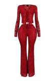 Sexy Hot Solid Color Lace Belted Long Sleeve Two Pieces