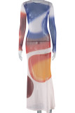 Elegant Print Patchwork O Neck Long Dresses
