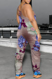 Casual Floral Print Pocket Contrast U Neck Loose Jumpsuits