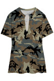 Casual Camouflage Print Slit Contrast V Neck T-Shirts