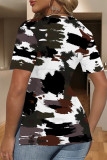 Casual Camouflage Print Slit Contrast V Neck T-Shirts