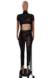 Fashion Sexy Solid Patchwork See-through Turtleneck Short Sleeve Two Pieces