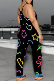 Casual Cartoon Print Pocket Contrast U Neck Loose Jumpsuits