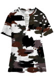 Casual Camouflage Print Slit Contrast V Neck T-Shirts