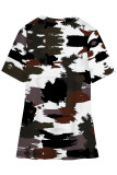 Casual Camouflage Print Slit Contrast V Neck T-Shirts