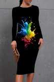 Casual Print Patchwork O Neck Wrapped Skirt Dresses