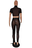 Fashion Sexy Solid Patchwork See-through Turtleneck Short Sleeve Two Pieces