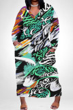 Casual Graffiti Print Pocket Contrast V Neck Printed Plus Size Dresses