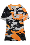 Casual Camouflage Print Slit Contrast V Neck T-Shirts