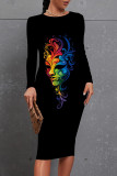 Casual Print Patchwork O Neck Wrapped Skirt Dresses