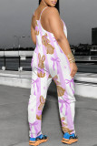Casual Cartoon Print Pocket Contrast U Neck Loose Jumpsuits