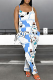 Casual Cartoon Print Pocket Contrast U Neck Loose Jumpsuits