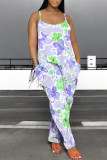 Casual Floral Print Pocket Contrast U Neck Loose Jumpsuits