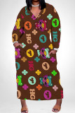 Casual Graffiti Print Pocket Contrast V Neck Printed Plus Size Dresses