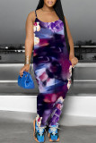 Casual Floral Print Pocket Contrast U Neck Loose Jumpsuits