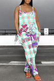 Casual Cartoon Print Pocket Contrast U Neck Loose Jumpsuits