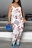 Casual Cartoon Print Pocket Contrast U Neck Loose Jumpsuits