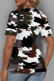 Casual Camouflage Print Slit Contrast V Neck T-Shirts