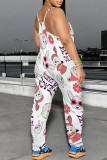 Casual Cartoon Print Pocket Contrast U Neck Loose Jumpsuits