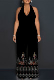 Casual Plaid Polka Dot Heart Shaped Print Pocket Backless Halter Loose Jumpsuits