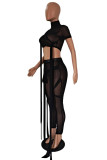 Fashion Sexy Solid Patchwork See-through Turtleneck Short Sleeve Two Pieces