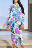 Elegant Geometric Print Flowers Contrast Turtleneck Printed Dresses