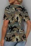 Casual Camouflage Print Slit Contrast V Neck T-Shirts