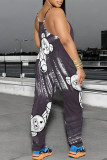 Casual Cartoon Print Pocket Contrast U Neck Loose Jumpsuits