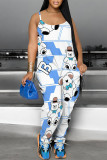 Casual Cartoon Print Pocket Contrast U Neck Loose Jumpsuits