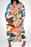 Casual Graffiti Print Pocket Contrast V Neck Printed Plus Size Dresses