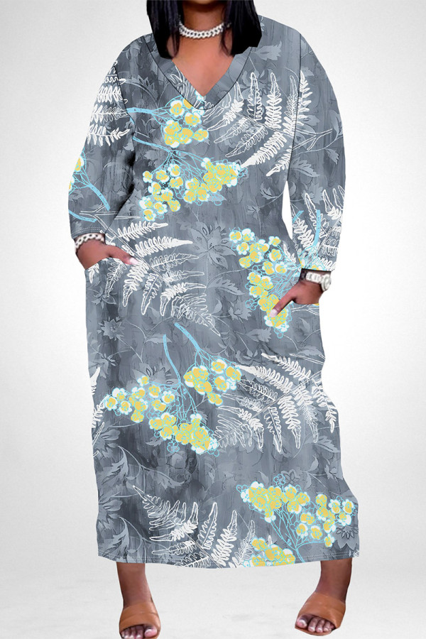 Casual Floral Print Pocket Contrast V Neck Printed Plus Size Dresses