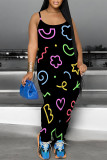 Casual Cartoon Print Pocket Contrast U Neck Loose Jumpsuits