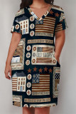 Casual American Flag Graffiti Print Stripe Pocket Contrast V Neck Printed Plus Size Dresses
