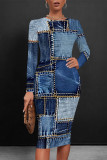 Casual Faux Denim Print Distressed Contrast O Neck Printed Dresses