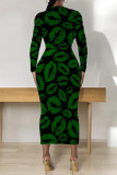 Casual Geometric Print Flowers Lips Contrast O Neck Printed Dresses