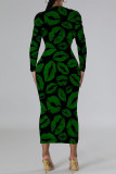 Casual Geometric Print Flowers Lips Contrast O Neck Printed Dresses