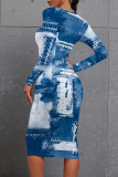 Casual Faux Denim Print Distressed Contrast O Neck Printed Dresses