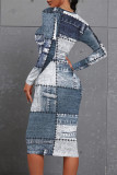 Casual Faux Denim Print Distressed Contrast O Neck Printed Dresses