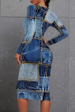 Casual Faux Denim Print Distressed Contrast O Neck Printed Dresses