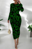 Casual Geometric Print Flowers Lips Contrast O Neck Printed Dresses