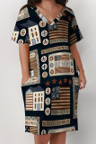 Casual American Flag Graffiti Print Stripe Pocket Contrast V Neck Printed Plus Size Dresses