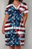 Casual American Flag Graffiti Print Stripe Pocket Contrast V Neck Printed Plus Size Dresses