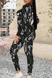 Casual Geometric Print Letters Contrast O Neck Long Sleeve Two Pieces