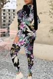 Casual Floral Print Contrast O Neck Long Sleeve Two Pieces