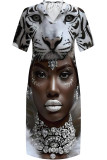 Casual Print portrait Pocket Contrast V Neck Printed Plus Size Dresses