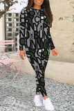 Casual Geometric Print Letters Contrast O Neck Long Sleeve Two Pieces